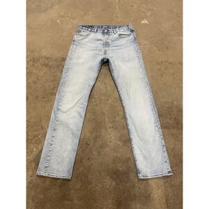 Levis 501 Jeans Mens 34x34 Light Wash Blue Denim Straight Leg Button Fly Stretch